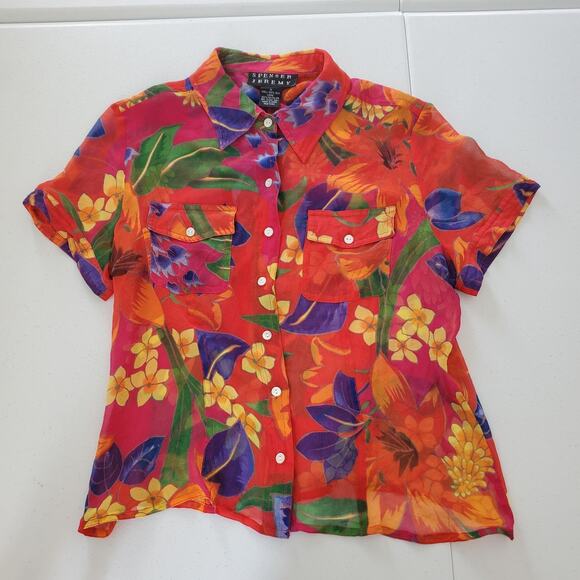 Spenser Jeremy Shirt Womens Medium Red Silk Floral Hawaiian Button Front Sheer - Picture 1 of 7